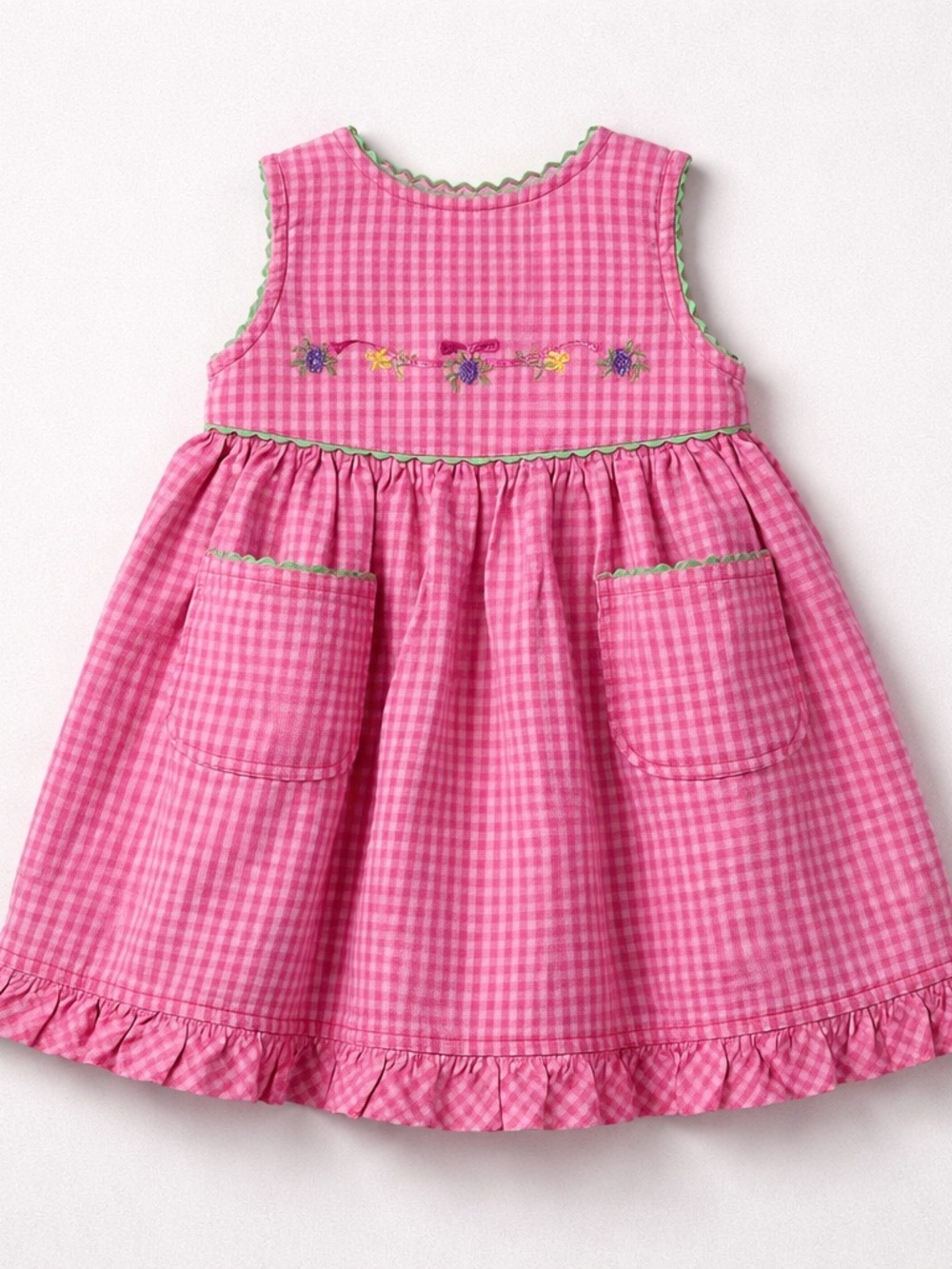 Thomas pink sear sucker dress with floral embroidery and Ricrac accents size 6-9